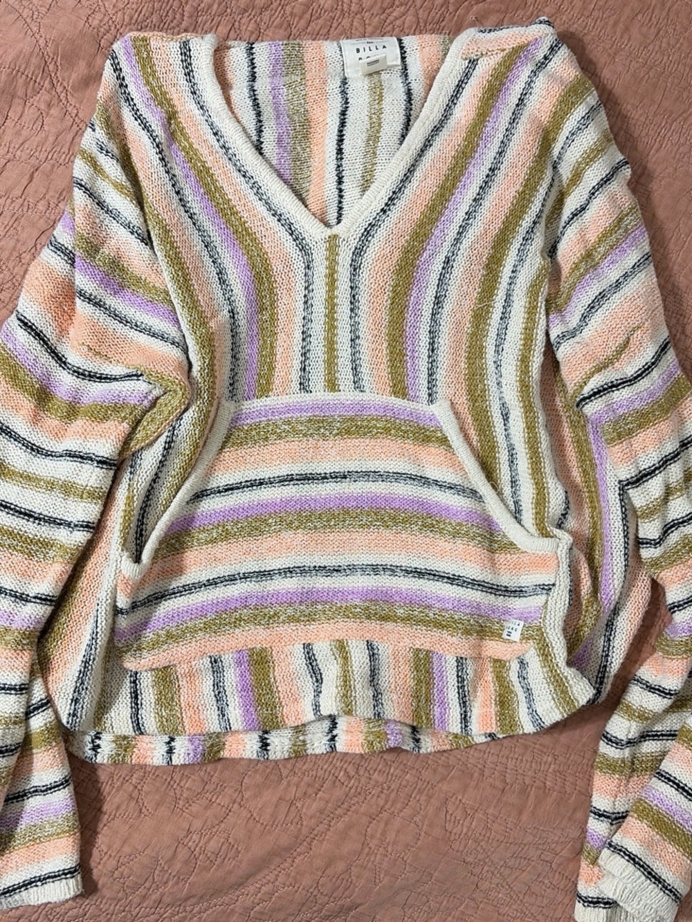 Billabong Cream V-Neck Striped Sweater with Peach, Lavender & Olive
